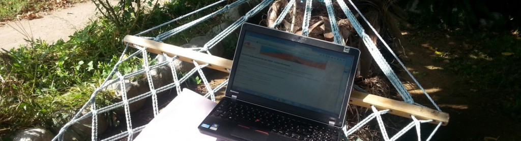 Ein offenes Laptop in einer Hängematte unter Palmen