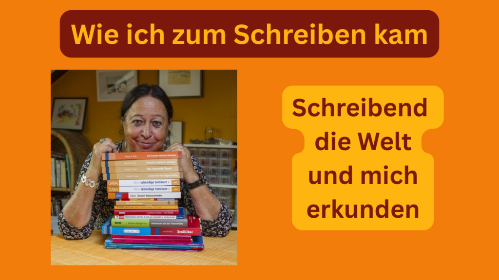 Zamyat mit einem Stapel ihrer Bücher vor sich