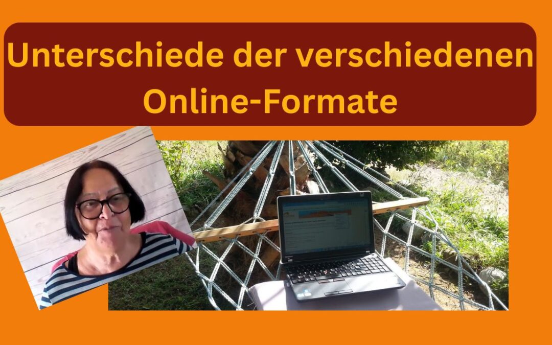 Ein Foto von Zamyat und einem Laptop in der Hängematte. Text: Unterschiede der verschiedenen Online-Formate