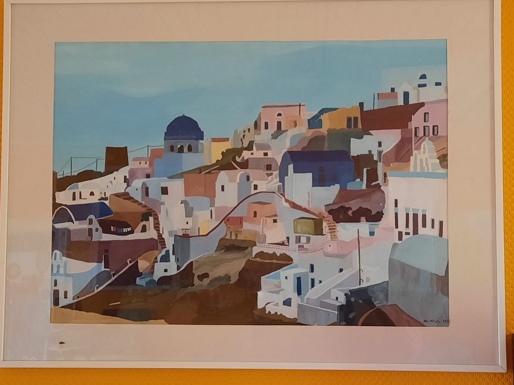 Santorin Bild mit Gouache-Farben gemalt: Häuser mit blauen Dächern in Santorin