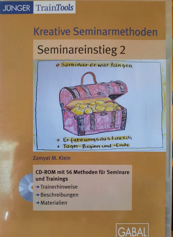 Seminareinstieg 2 Cover CD-ROM: Seminareinstieg 2, Seminarerwartungen, Erfahrungsaustausch. Gemaltes Bild einer offenen Schatztruhe mit Goldmünzen