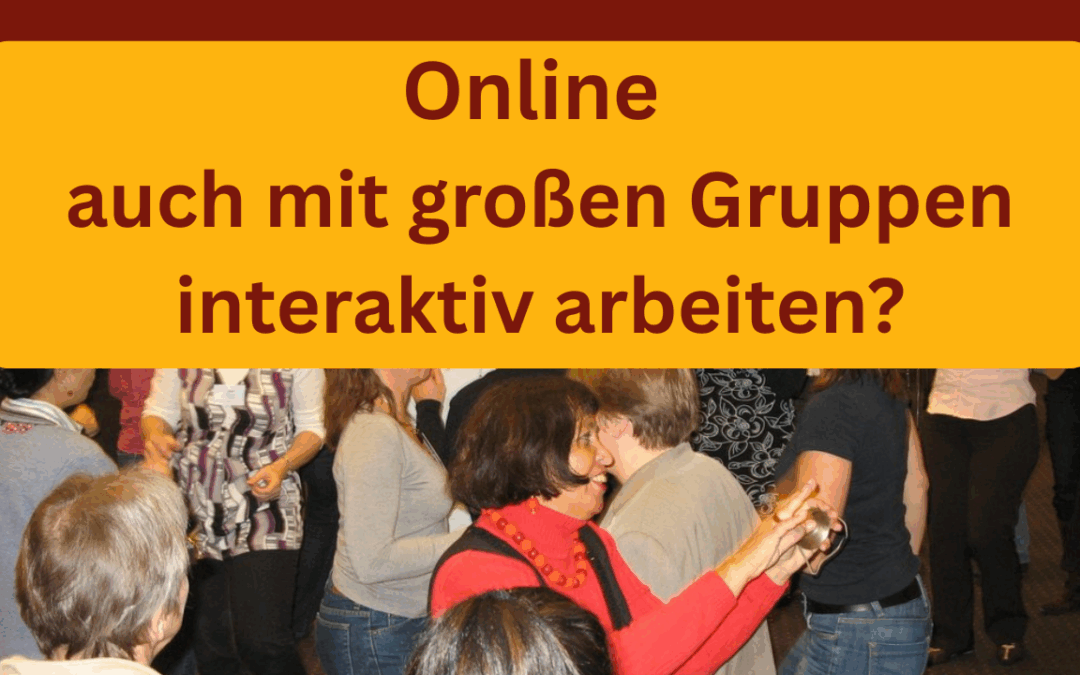 Auf dem Foto sieht man Zamyat mit vielen Leuten durch einen Raum laufen, darüber steht: Online mit großen Gruppen interaktiv arbeiten?
