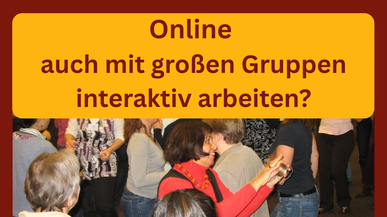 Mit großen Gruppen online interaktiv arbeiten Auf dem Foto sieht man Zamyat mit vielen Leuten durch einen Raum laufen, darüber steht: Online mit großen Gruppen interaktiv arbeiten?
