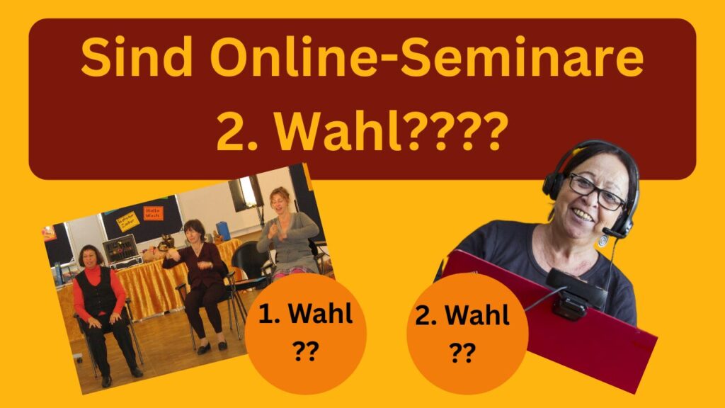 Text: Sind Online-Seminare 2. Wahl? Links ein Foto mit Menschen im Präsenz-Seminare, rechts ein Foto von Zamyat vor dem Laptop und mit Headset.