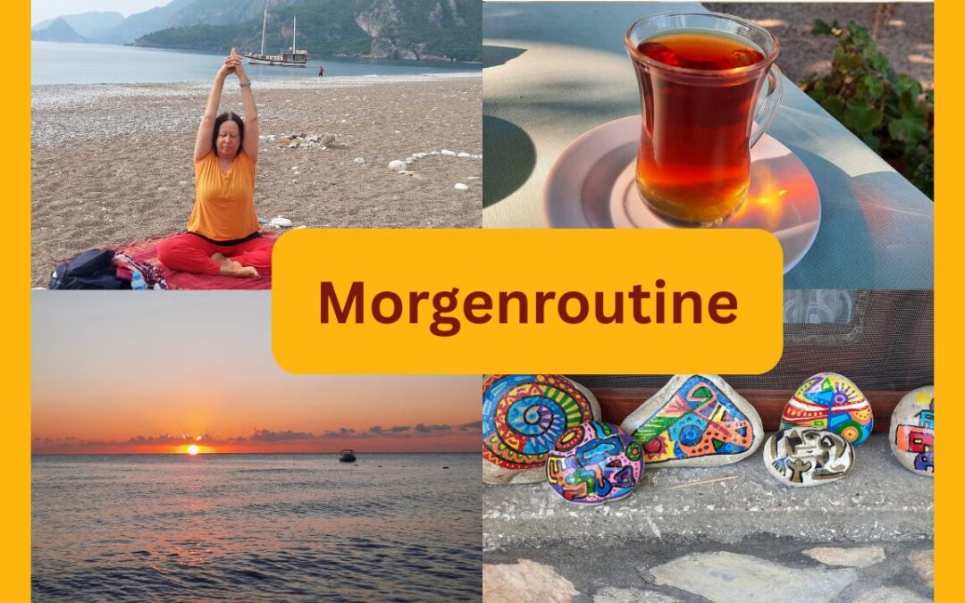 Morgenroutine, eine Collage aus 4 Bildern. Zamyat macht Yoga am Strand, ein türkischer Tee, Sonnenaufgang über dem Meer, bemalte Steine