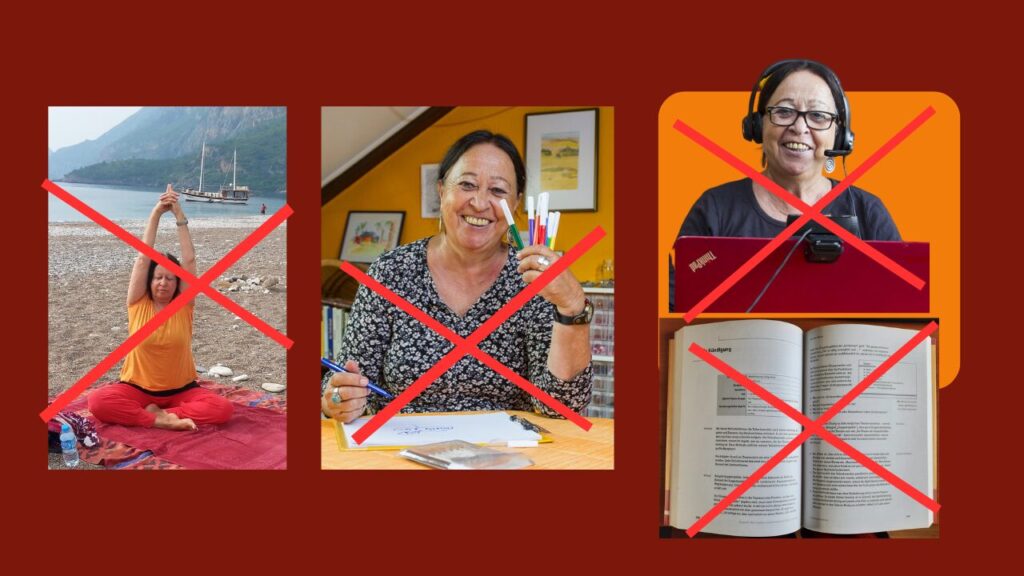 4 Fotos durchgestrichen. Was ich nach Augen OP alles nicht darf: schreiben, lesen, Yoga, am PC arbeiten.