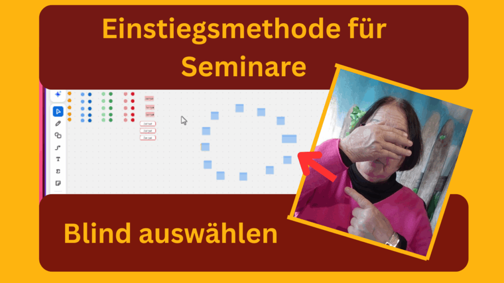 Foto von einer Methode auf dem Whiteboard, Zamyat hält sich die Augen zu und zeigt auf eine Methode. Text: Einstiegsmethode für Seminare, Blind auswählen