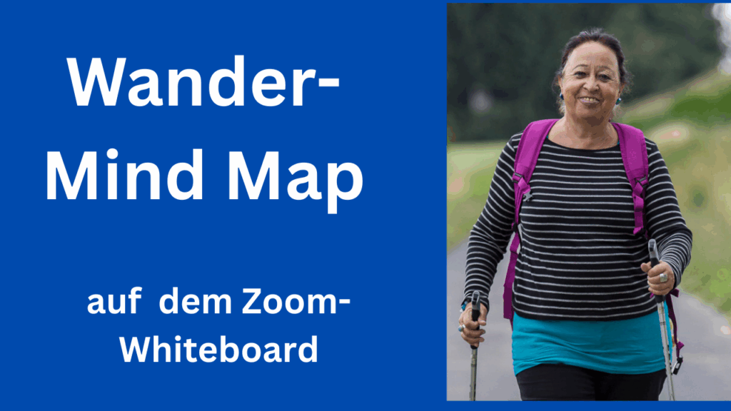Text: Wander-Mind Map auf dem Zoom-Whiteboard, rechts daneben ein Foto von Zamyat mit Rucksack und Wanderstöcken