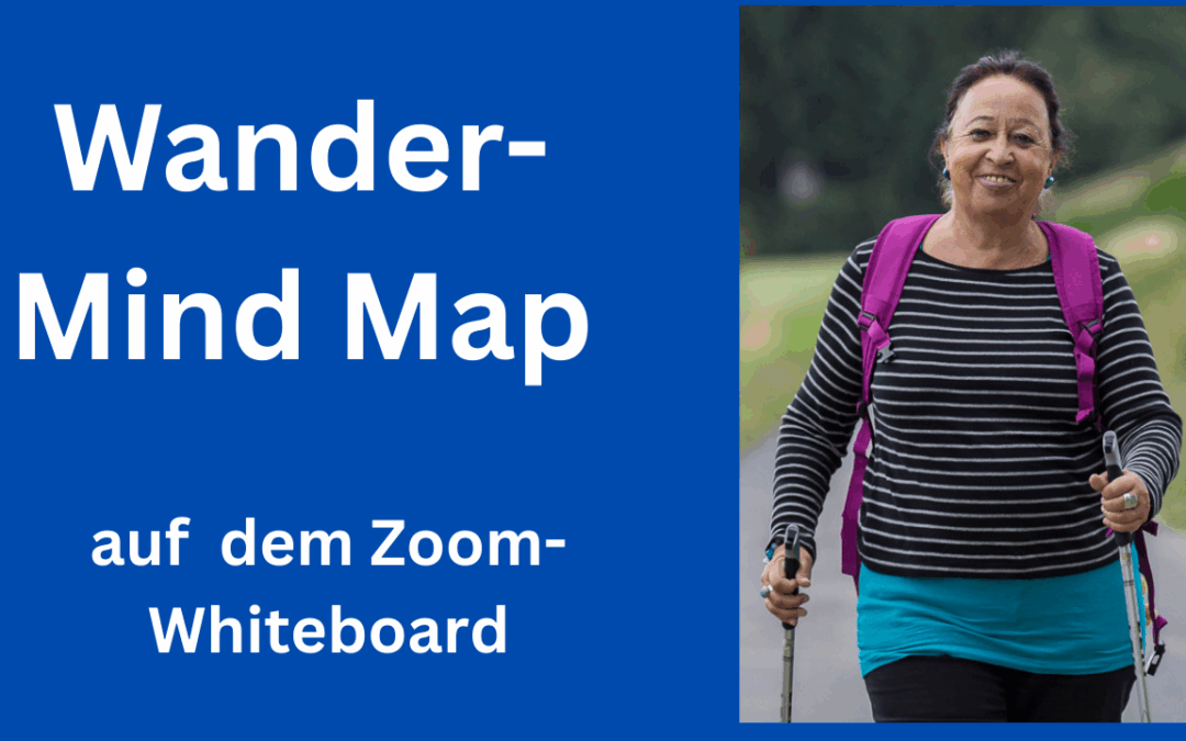 Text: Wander-Mind Map auf dem Zoom-Whiteboard, rechts daneben ein Foto von Zamyat mit Rucksack und Wanderstöcken