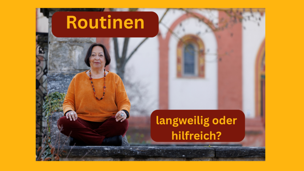 Zamyat sitzt im Schneidersitz auf einer Mauer, Text: Routine - langweilig oder hilfreich?