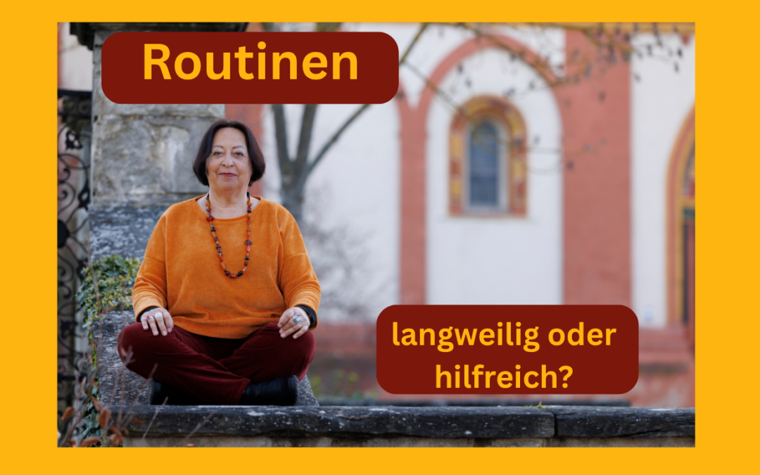 Zamyat sitzt im Schneidersitz auf einer Mauer, Text: Routine - langweilig oder hilfreich?
