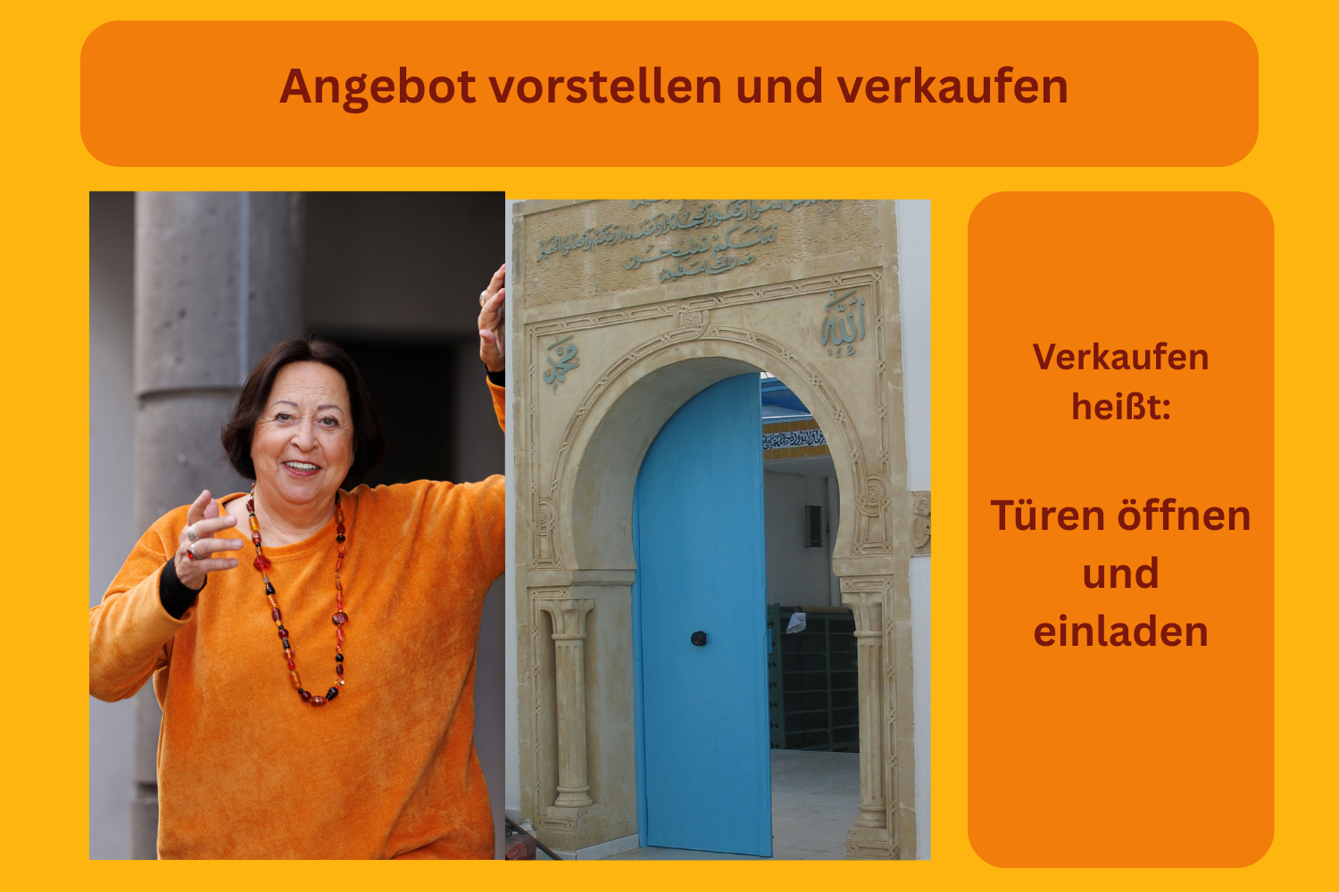 Angebot vorstellen und verkaufen, Verkaufen heißt: Türen öffnen und einladen. Zamyat neben einer offenen Tür.