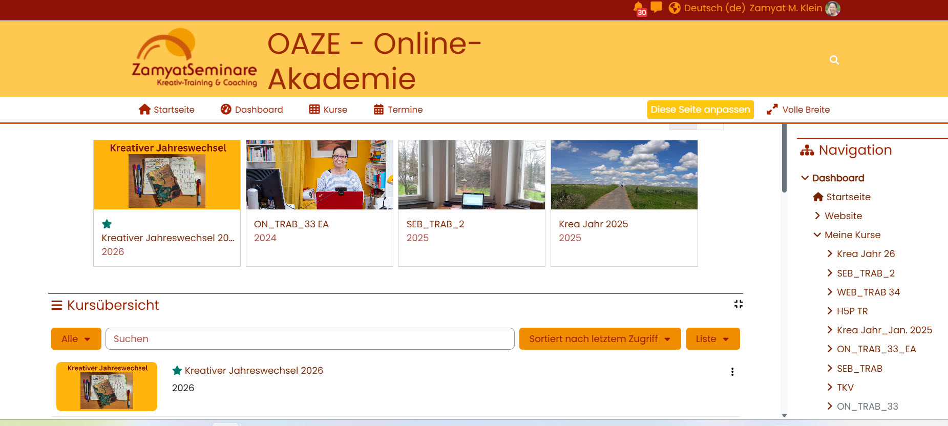 Startseite meiner OAZE - Online-Akademie, erstellt mit Moodle
