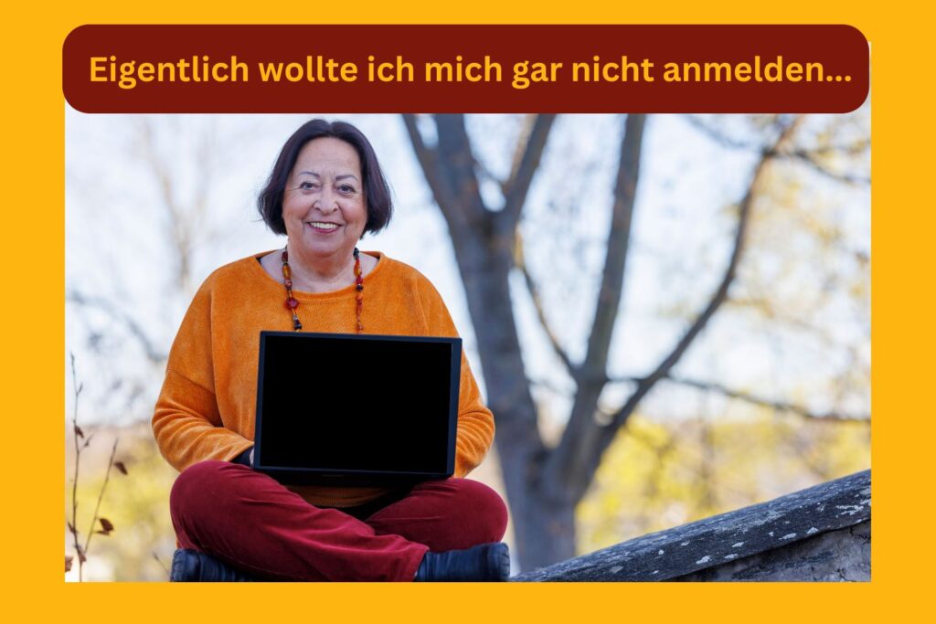 Überschrift: eigentlich wollte ich mich gar nicht anmelden. Zamyat sitzt lachend mit Laptop auf einer Mauer.