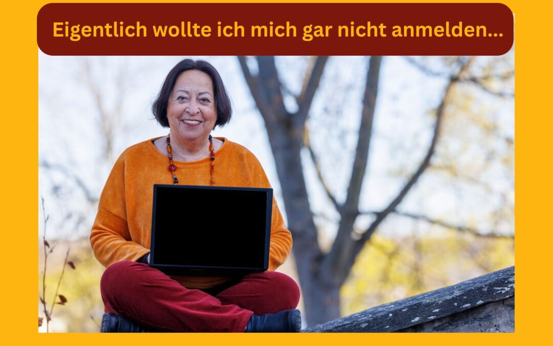 Überschrift: eigentlich wollte ich mich gar nicht anmelden. Zamyat sitzt lachend mit Laptop auf einer Mauer.