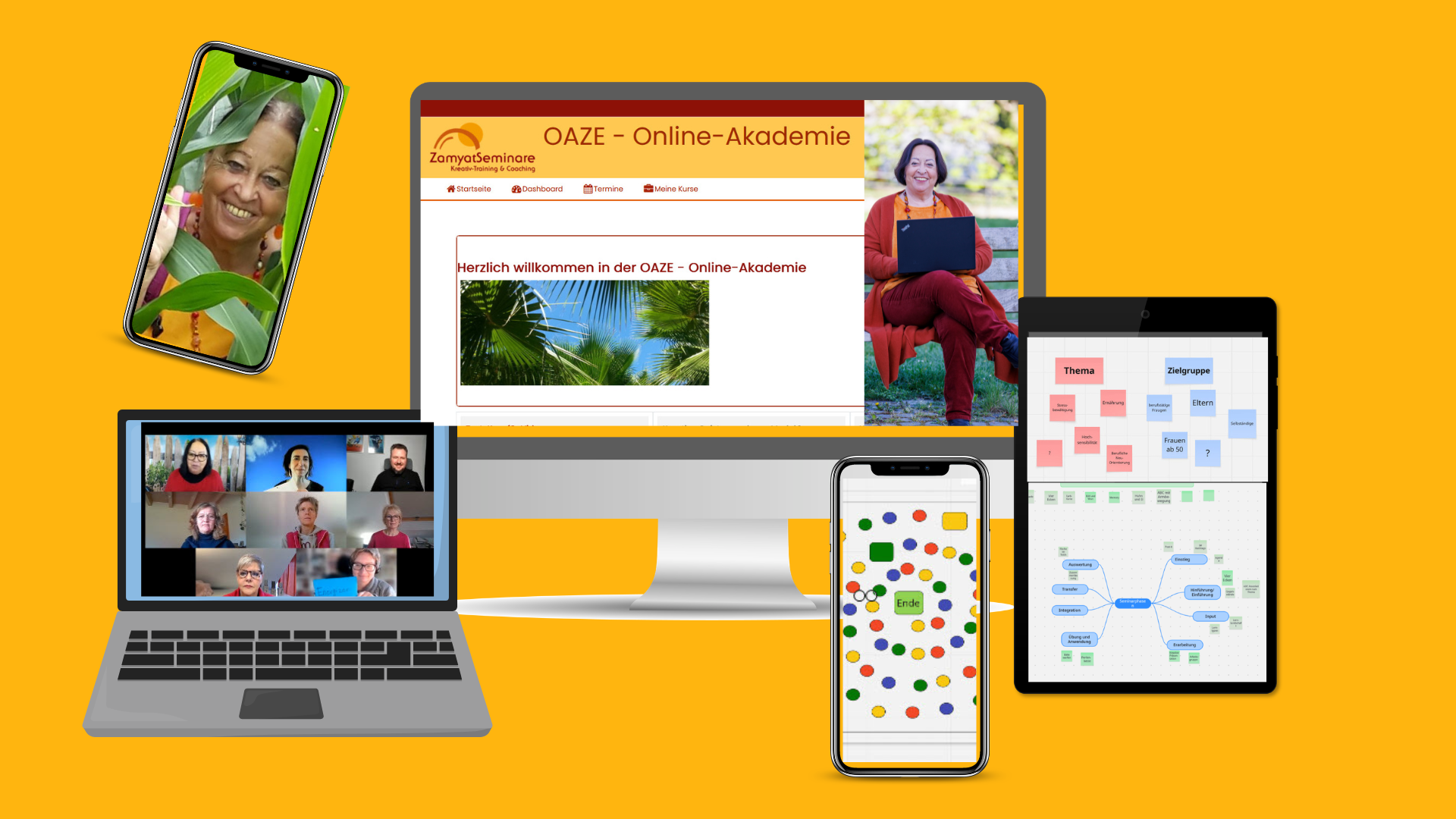 Monitore und Handy mit Fotos aus Seminaren
