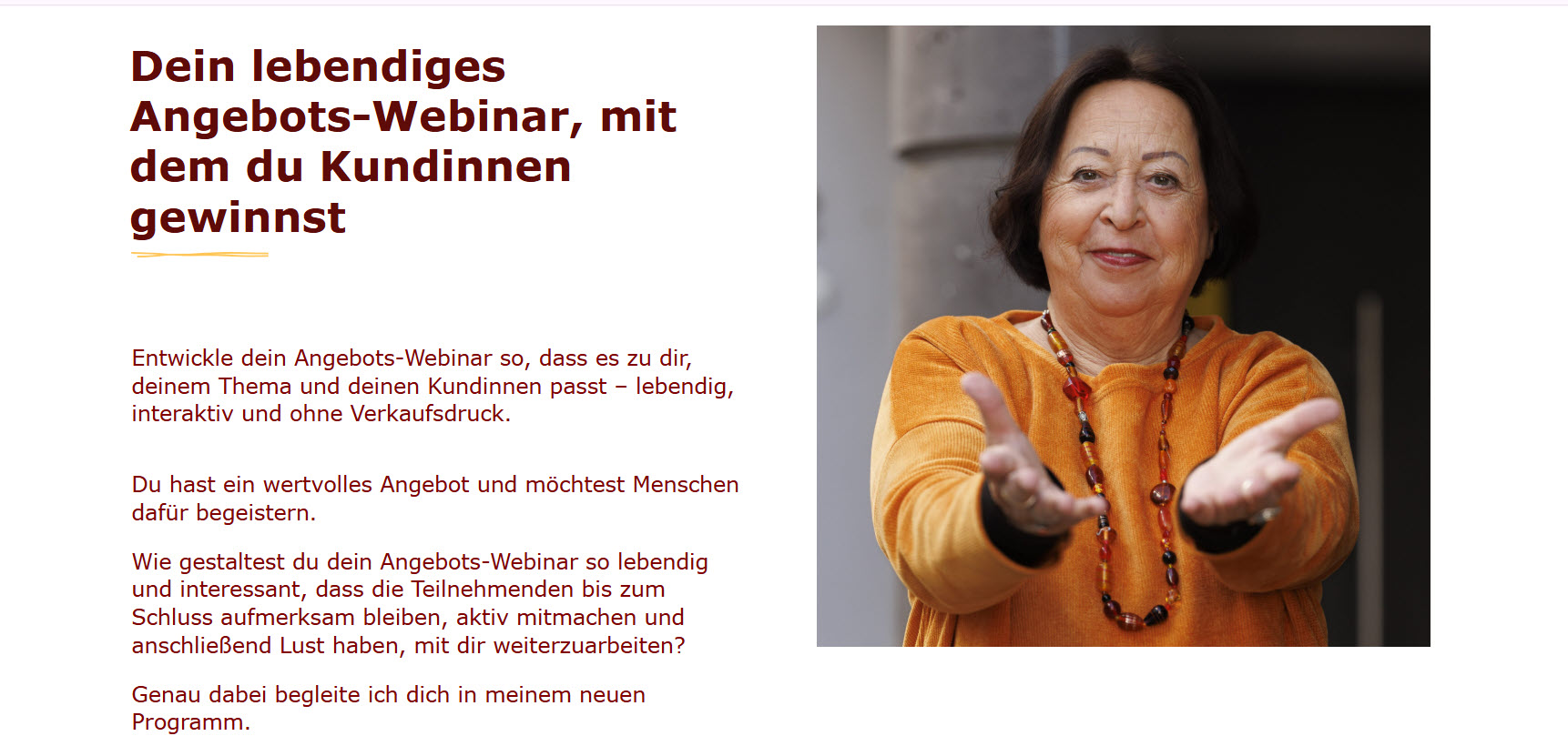 Text: Dein lebendiges Angebots-Webinar und ein Foto von Zamyat mit ausgestreckten Armen